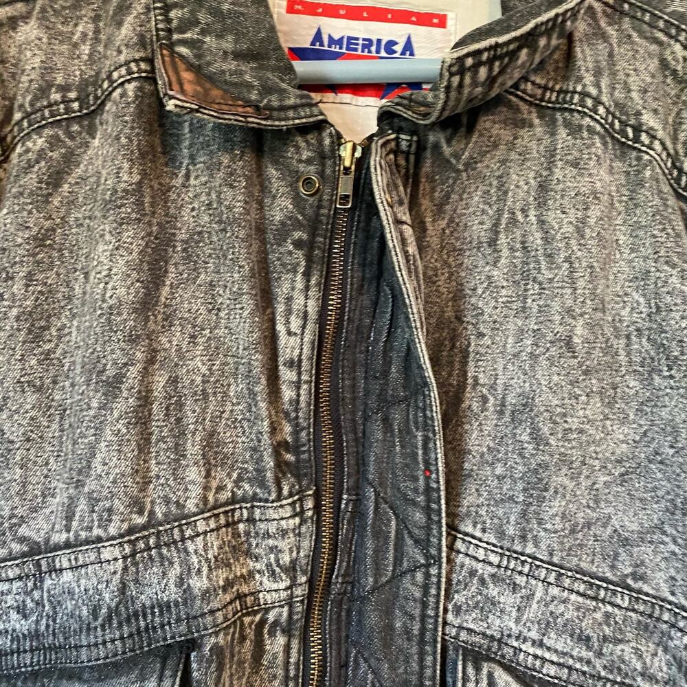 Vintage America Large Acid Wash Black Gray Cotton Leather Zip Winter Bomber - Picture 4 of 13